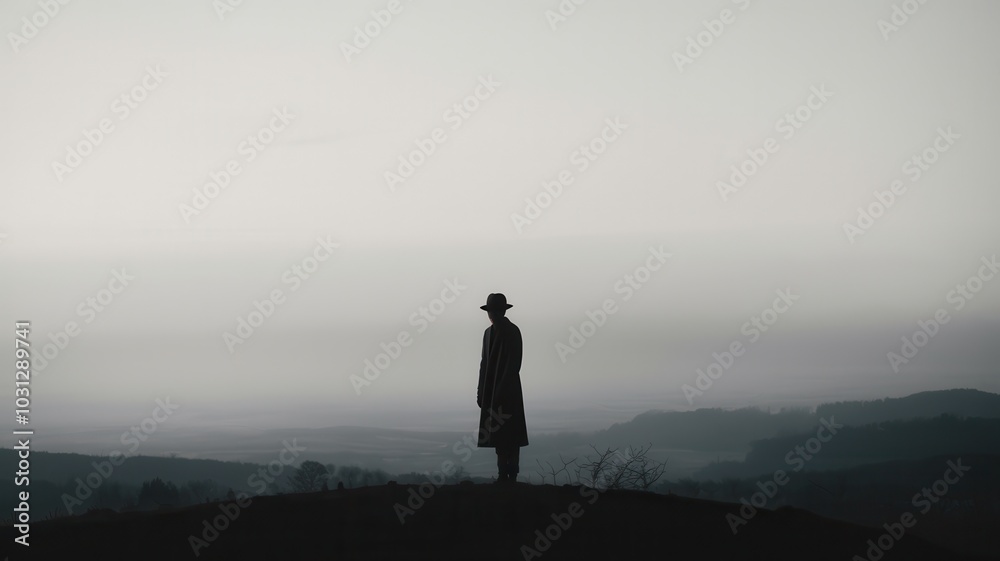 Moody silhouette of person in trench coat, misty background and desaturated tones Moody silhouette of person in trench coat, misty background and desaturated tones