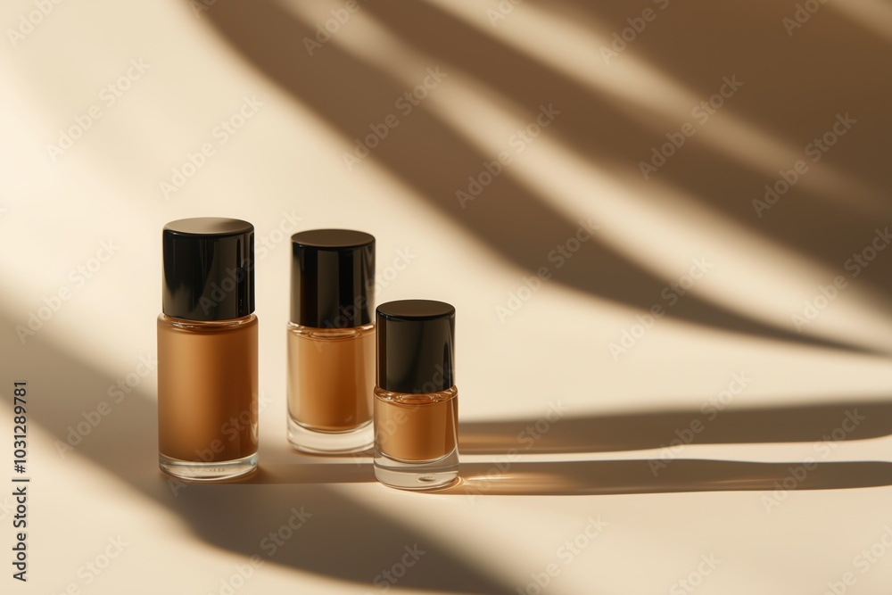 Elegant arrangement of three glass bottles foundation casting soft shadows on a beige surface indoors Elegant arrangement of three glass bottles foundation casting soft shadows on a beige surface indoors