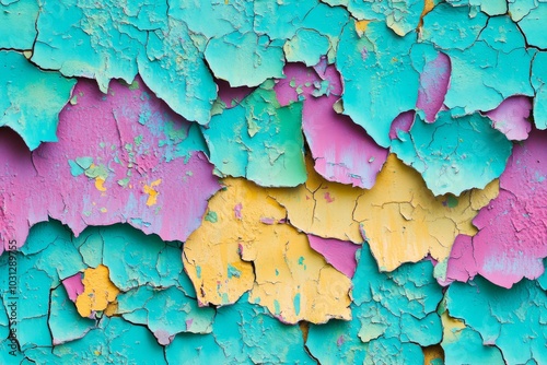 Vibrant Cracked Paint Texture in Turquoise, Pink, and Yellow