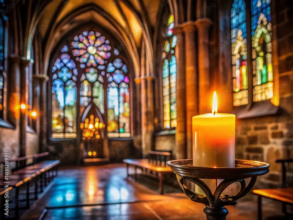 Fototapeta premium Candle Flame in Church at Night - Architectural Serenity and Spiritual Reflection
