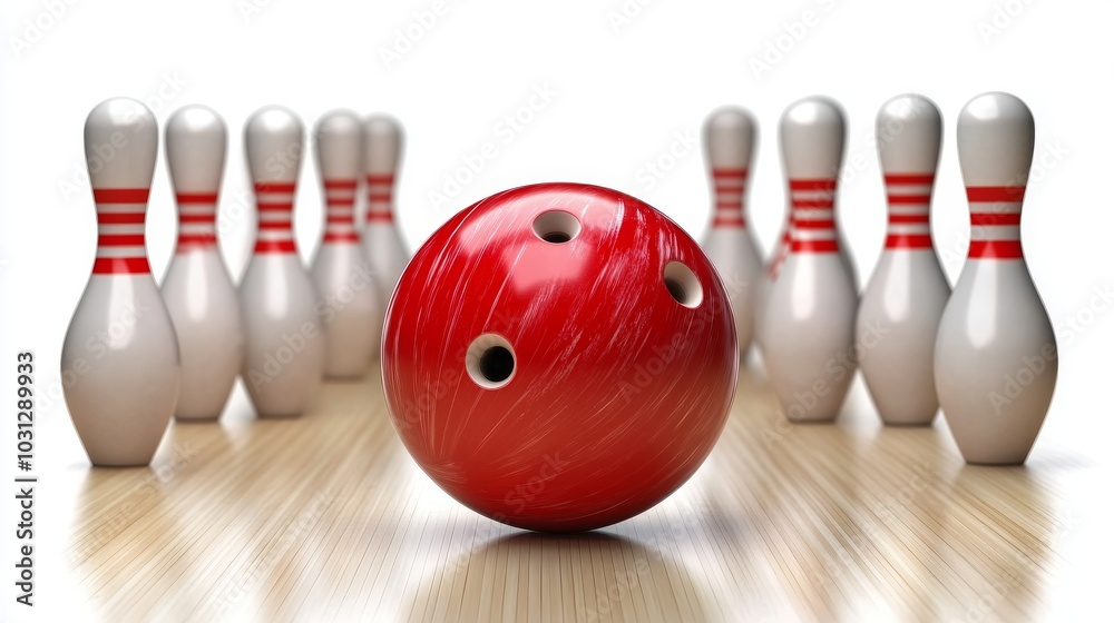 Red bowling ball striking against pins Red bowling ball striking against pins