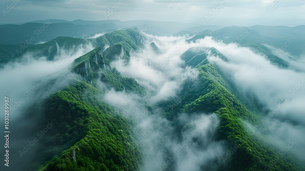 Majestic Mountain Peaks Pierced by Mist: A Breathtaking Aerial View Majestic Mountain Peaks Pierced by Mist: A Breathtaking Aerial View