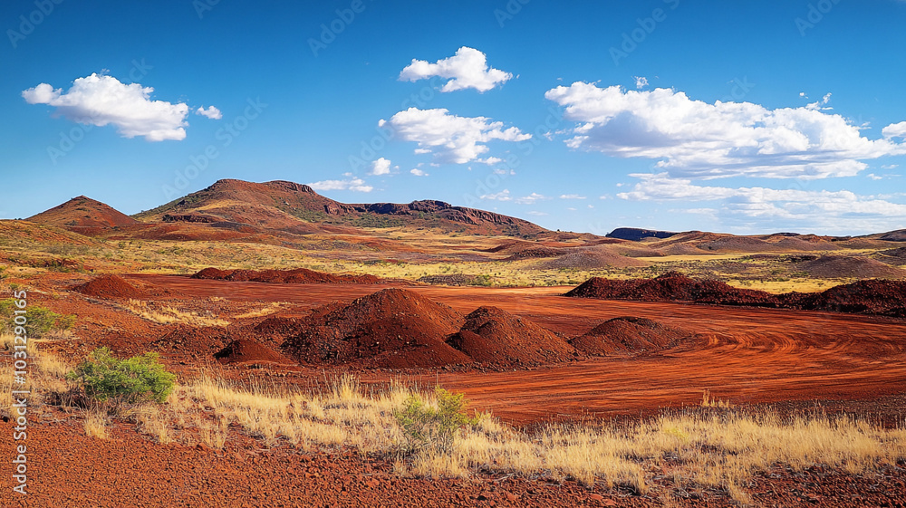 Naklejka premium Vibrant red earth landscape under a clear blue sky in a remote desert region