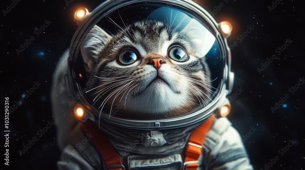 Cute astronaut cat in black space with lights on helmet Cute astronaut cat in black space with lights on helmet