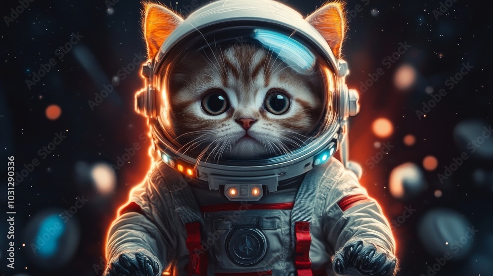 Cute astronaut cat in black space with lights on helmet Cute astronaut cat in black space with lights on helmet