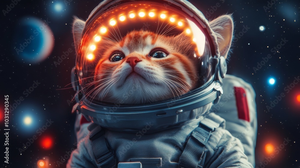 Cute astronaut cat in black space with lights on helmet Cute astronaut cat in black space with lights on helmet