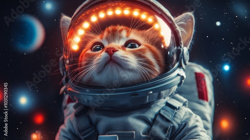 Cute astronaut cat in black space with lights on helmet