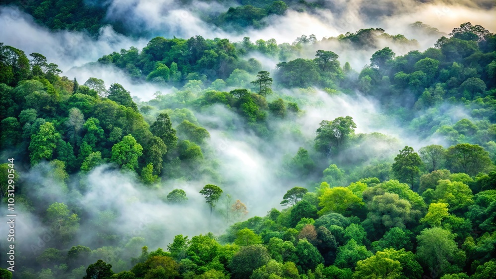 An ethereal tapestry of swirling mist weaves through a verdant canopy, revealing glimpses of towering trees and the hidden depths of the forest An ethereal tapestry of swirling mist weaves through a verdant canopy, revealing glimpses of towering trees and the hidden depths of the forest