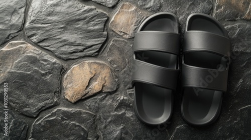 Black Slide Sandals on Textured Stone Surface photo