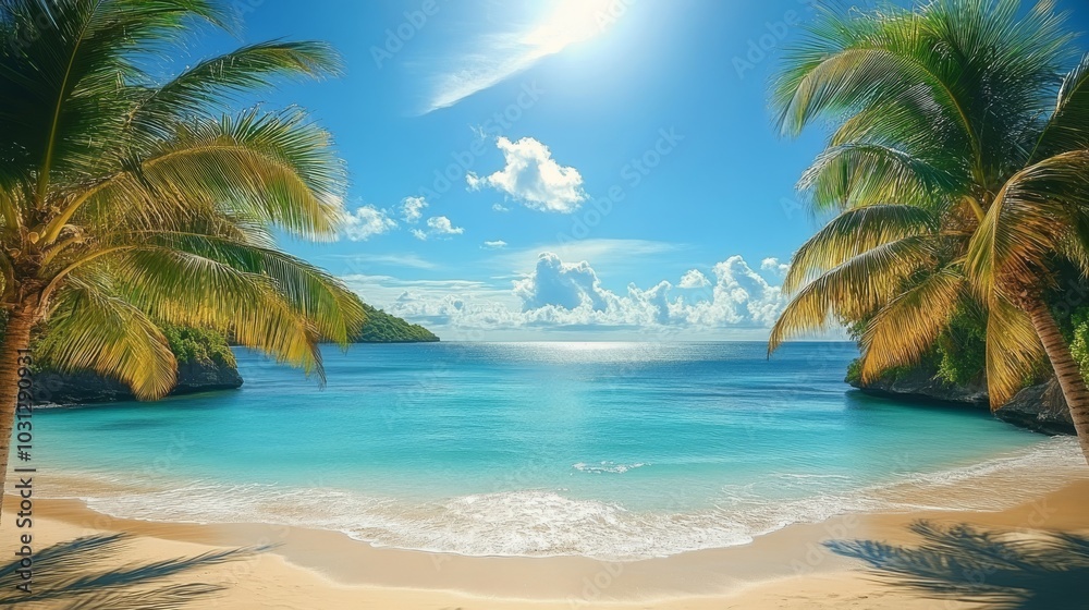 sunny ocean beach with palm trees