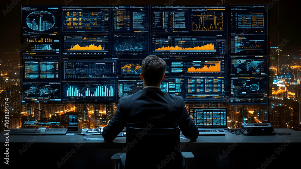 Business professional analyzing data on multiple screens at night. Business professional analyzing data on multiple screens at night.