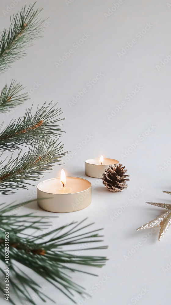 white christmas decor with pine needles candles and gold pinecone on white background white christmas decor with pine needles candles and gold pinecone on white background