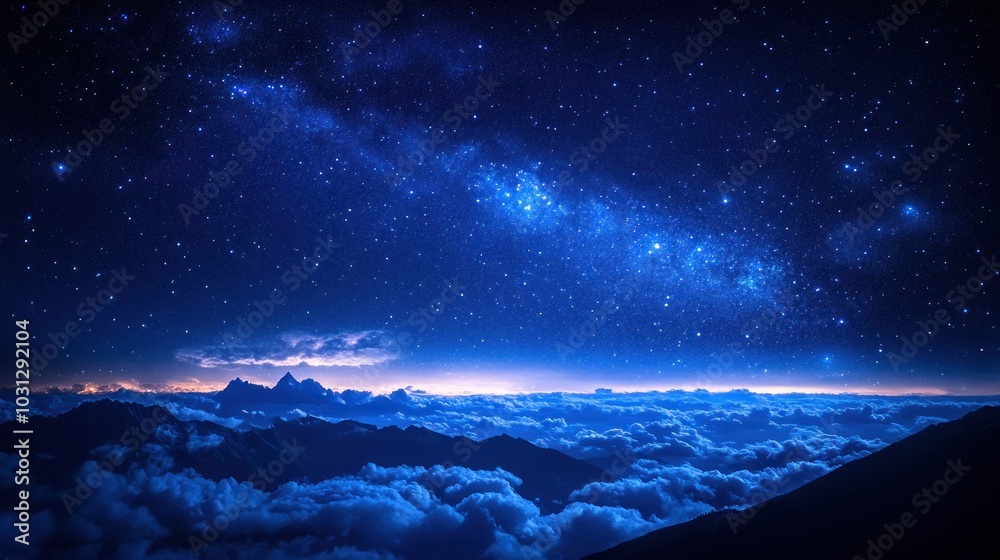 A serene night sky filled with stars above a mountain landscape. A serene night sky filled with stars above a mountain landscape.