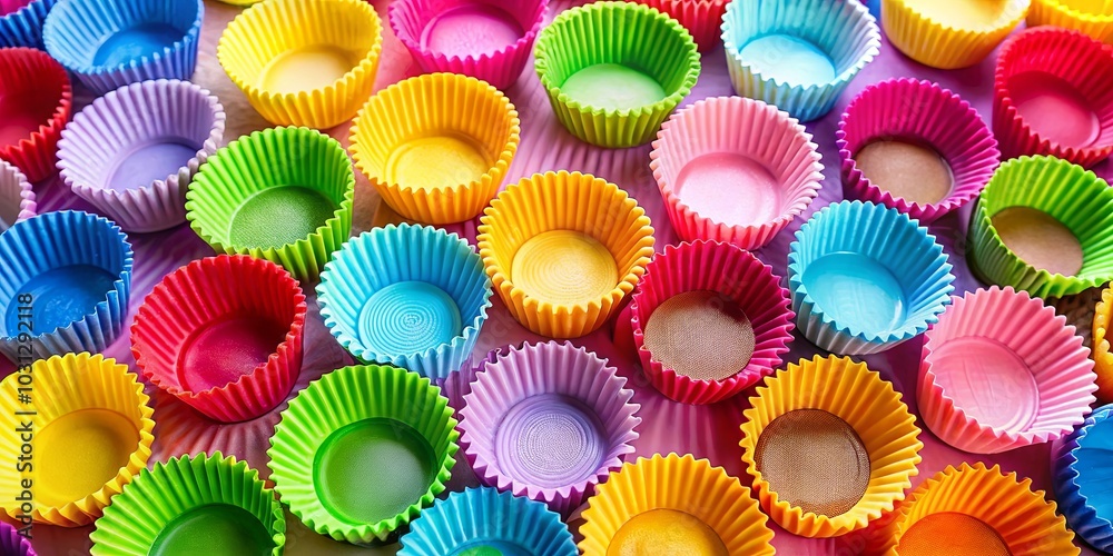 A vibrant symphony of colors in baking cups, ready to be filled with sweet delights A vibrant symphony of colors in baking cups, ready to be filled with sweet delights