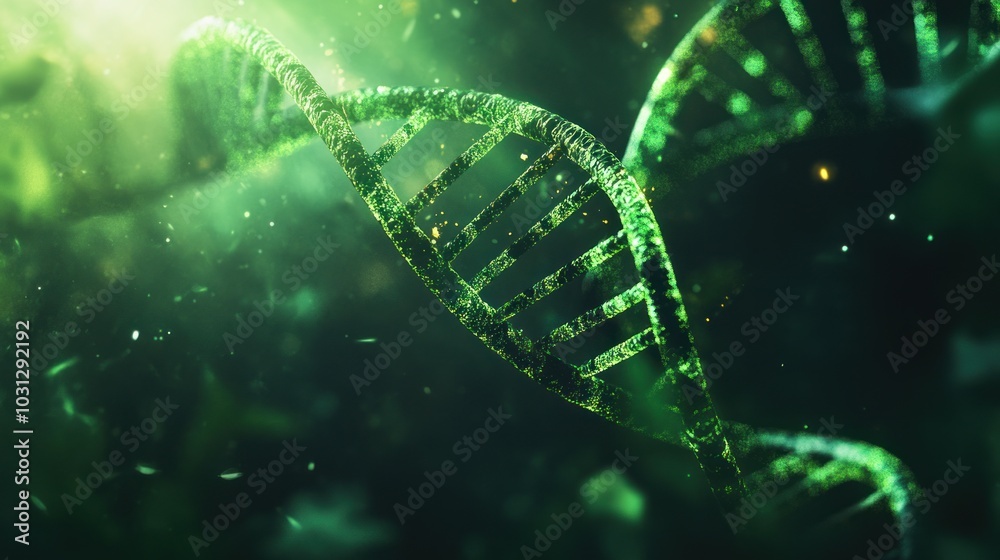 DNA research green leaf background, showing off the delicate double helix genetic information structure with glowing effects and soft light highlights.