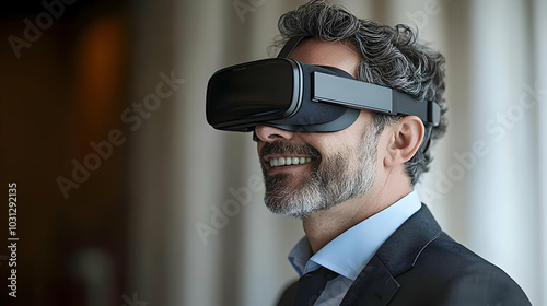 Man wearing a VR headset, s...