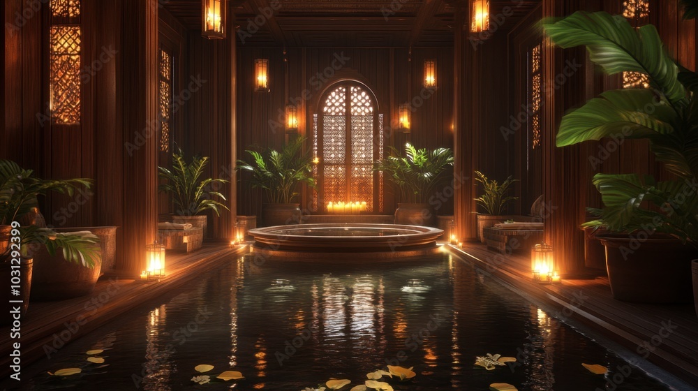 Serene Indoor Spa with Warm Lighting and Greenery