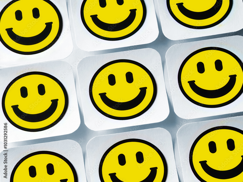 Fototapeta premium Yellow Happy Smiley Face Sticker concept for satisfied costumers