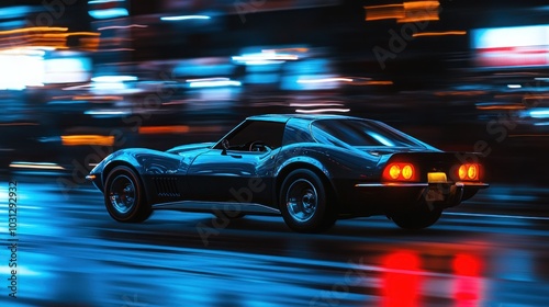 A classic sports car drives through a city at night with blurred lights creating a sense of speed.