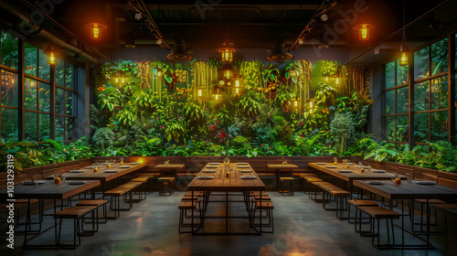 Lush Indoor Dining Area with Vertical Garden and Warm Lighting..