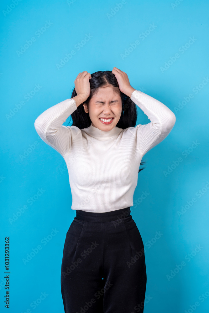 Women are doing various poses on a blue background. Women are doing various poses on a blue background.