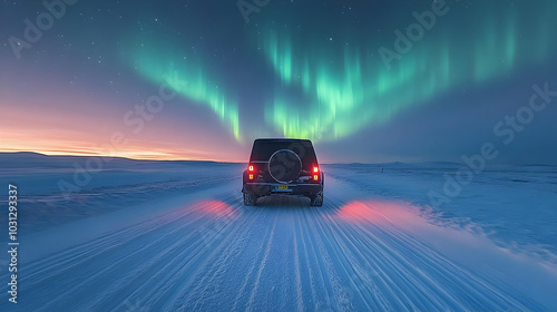 A vehicle on a snowy road u...