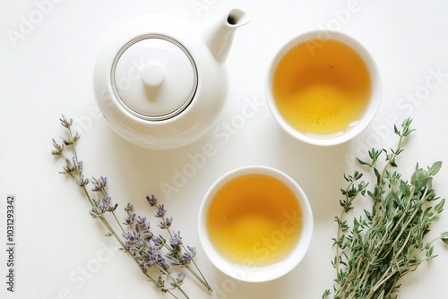 Clean, minimalist tea setup with a small teapot and a cup of herbal tea, embodying a moment of calm