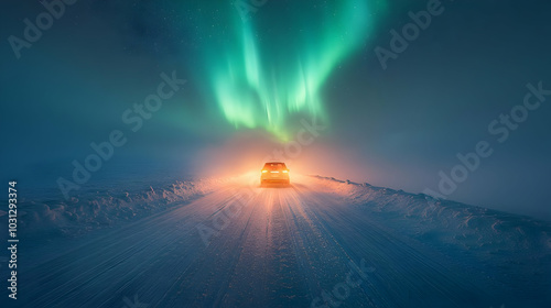 Car on a snowy road illuminated by the northern lights.