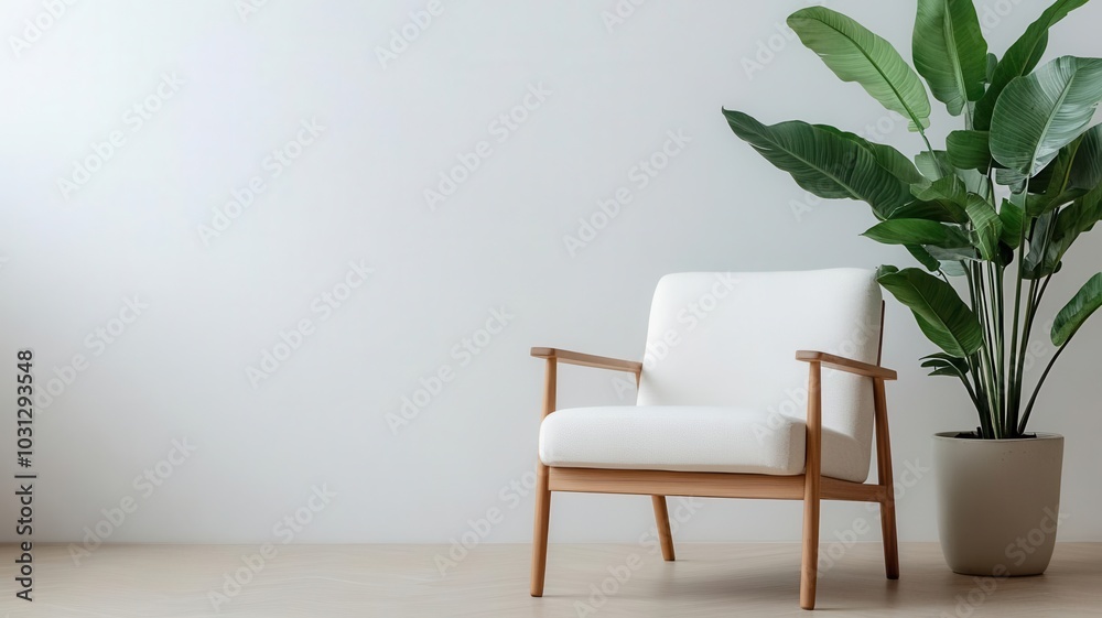 Minimalist lounge chair beside a large indoor plant, symbolizing relaxation and rejuvenation Minimalist lounge chair beside a large indoor plant, symbolizing relaxation and rejuvenation