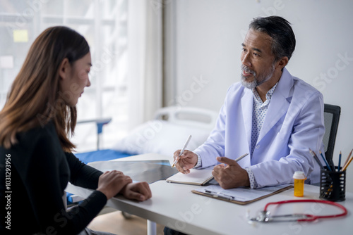 Senior doctor explaining diagnosis to young female patient during medical consultation