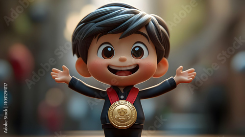 A cheerful cartoon boy with...