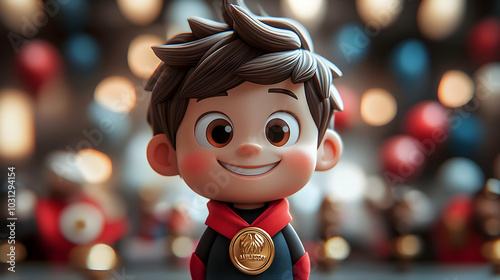 A cheerful cartoon boy in a...