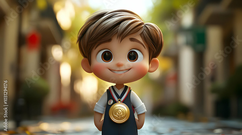 A cheerful cartoon boy with...