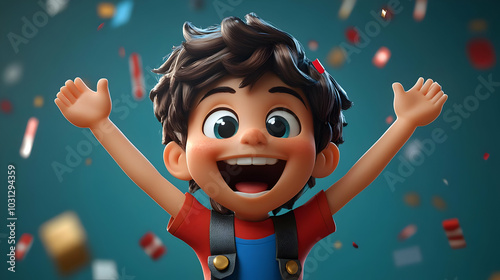 A joyful cartoon boy celebr...