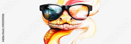 Cool snake wearing sunglasses with a splash of color behind it. photo