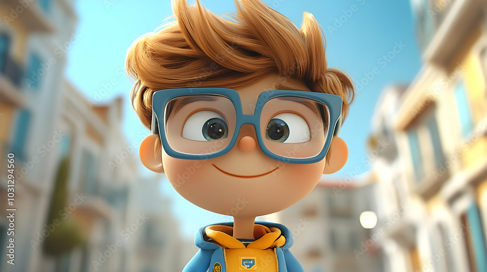 A cheerful animated boy with glasses in a vibrant street setting. A cheerful animated boy with glasses in a vibrant street setting.