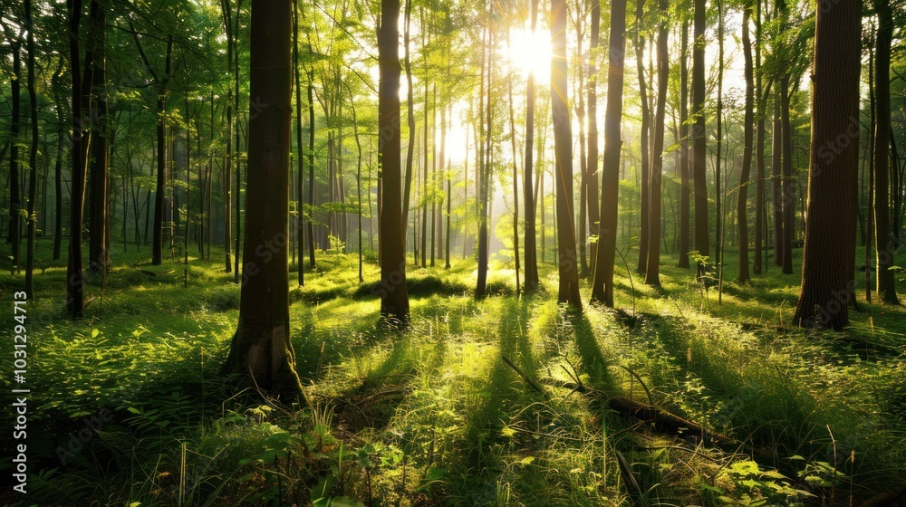 Fototapeta premium Sunlight shining through tall trees in a green forest. Nature and environmental conservation concept for background or poster design.