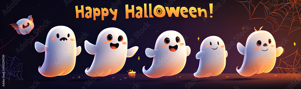 Five friendly ghosts celebrating Halloween with a glowing candle in a dark, web-filled setting.