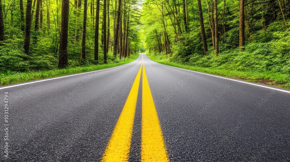 Obraz premium A winding asphalt road with yellow lines leads through a lush green forest.