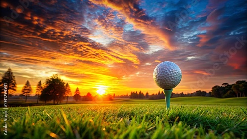 A golf ball resting on a tee, bathed in the golden glow of a vibrant sunset, with the silhouette of trees on the horizon and a lush green fairway in the foreground. photo