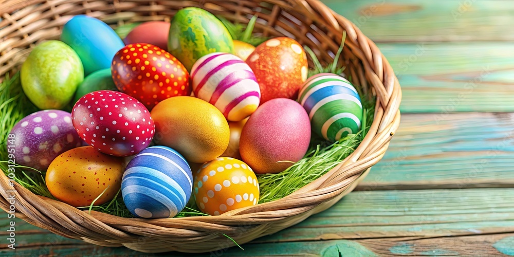 A Festive Basket Overflowing with Colorful Easter Eggs, Adorned with Dots, Stripes, and Whimsical Designs, Nestled Among Delicate Green Grass A Festive Basket Overflowing with Colorful Easter Eggs, Adorned with Dots, Stripes, and Whimsical Designs, Nestled Among Delicate Green Grass