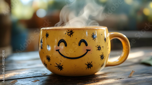 A cheerful yellow mug with ...