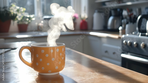 A steaming cup of coffee on...