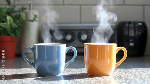 Two steaming mugs on a coun...