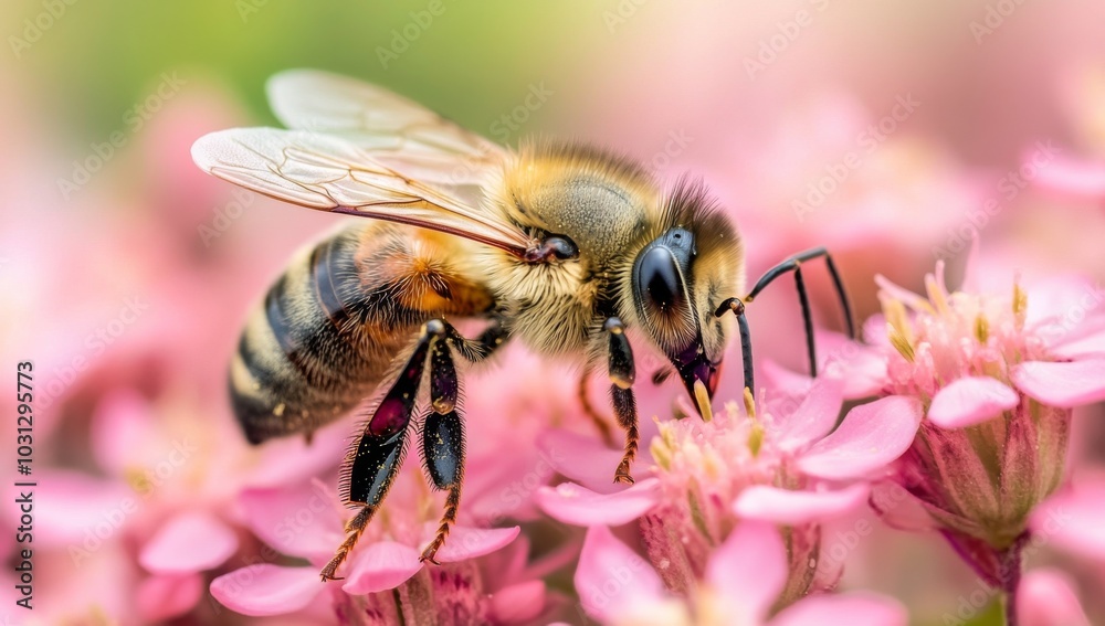 A close-up view of a honeybee collecting nectar from a cluster of small pink flowers, its wings slightly blurred in motion.