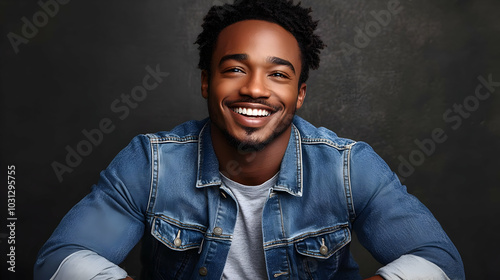 Smiling man in denim jacket...