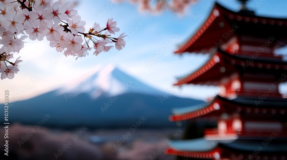 Cherry blossoms in foreground with a traditional pagoda and mountain backdrop. Cherry blossoms in foreground with a traditional pagoda and mountain backdrop.