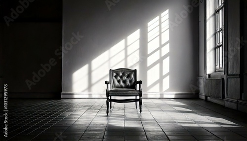 vintage chair in an empty hall; interior abstract architecture black and white 