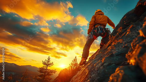 Climber ascending a rocky peak during a vibrant sunset.