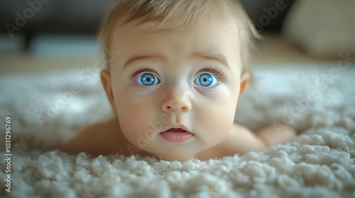 A curious baby with blue ey...